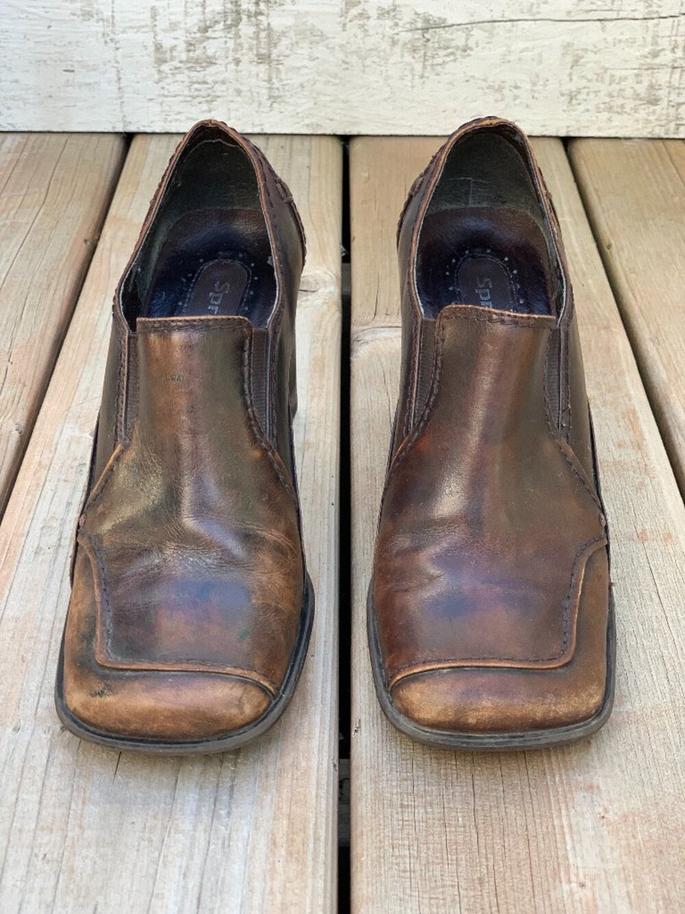 Vintage Spring Square Toe Loafer 7.5 Brown Distressed Leather Block Heel Y2K 90s